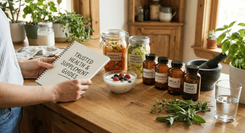 A person holding a health guide notebook next to jars of fermented vegetables, amber supplement bottles, and a bowl of yogurt with berries on a wooden kitchen counter.