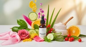 Natural beauty and skin support products surrounded by fresh cucumber, orange slices, aloe vera, and rose petals on a white surface.