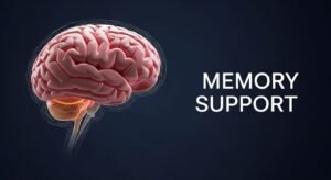 Anatomical 3D illustration of a human brain with glowing highlights for cognitive health and memory support branding.