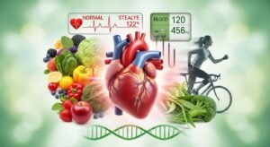 Human heart anatomical model surrounded by healthy fruits, vegetables, and a woman cycling, illustrating cardiovascular health and blood pressure monitoring.