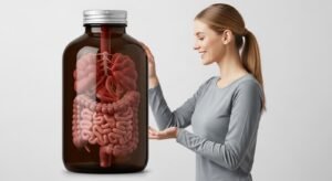 Smiling woman holding a large glass bottle featuring a 3D anatomical model of the human digestive system and intestines.