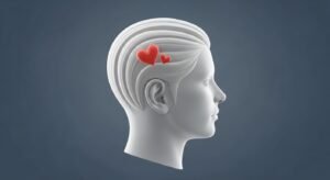 Minimalist white profile of a human head with red heart icons near the ear, symbolizing ear health, hearing care, and auditory wellness.