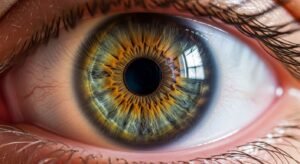 Extreme macro close-up of a healthy human eye with a detailed green and brown iris, representing vision care and optical health.