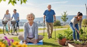 Active seniors practicing yoga, cycling, and gardening outdoors in a park, representing longevity and healthy aging lifestyle.