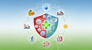 Medical infographic of a shield with a green cross surrounded by icons for sleep, nutrition, exercise, and gut health for immune system support.