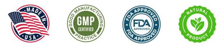 Made in USA, GMP certified manufacturing, FDA approved standards, and natural product supplement quality badges.