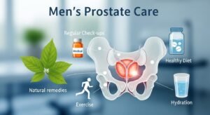 Infographic for Men's Prostate Care featuring a pelvic anatomical model, medical check-ups, natural remedies, exercise, healthy diet, and hydration.