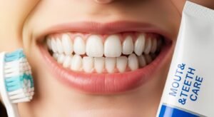 Close-up of a bright, healthy smile with white teeth next to a toothbrush and a tube of Mouth & Teeth Care toothpaste.