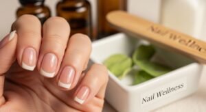 French manicured nails on a hand resting near a white bowl with green leaves and a wooden nail file labeled Nail Wellness.