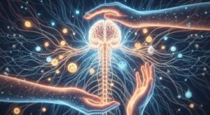 Glowing digital illustration of the human brain and spinal cord surrounded by a network of nerves and supportive hands, representing nervous system care.