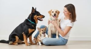 A happy woman sitting on the floor interacting with three healthy dogs—a German Shepherd, a Golden Retriever, and a Corgi—for pet health support.