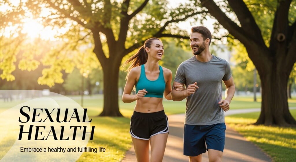 Healthy couple jogging outdoors representing sexual health and an active lifestyle.