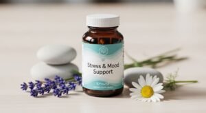 A brown glass supplement bottle labeled Stress & Mood Support on a table with calming lavender, a daisy, and smooth river stones.