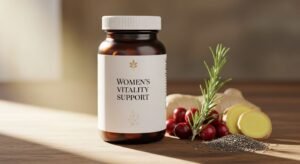 Bottle of Women's Vitality Support supplements on a wooden surface next to fresh ginger, cranberries, rosemary, and chia seeds.